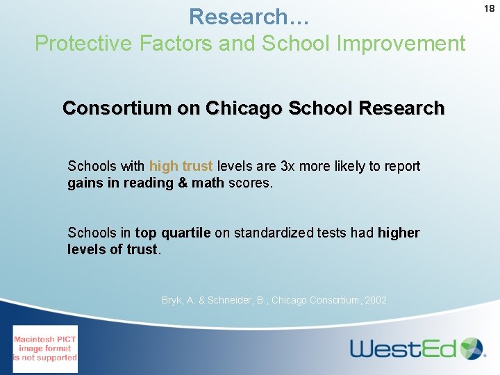 Research… Protective Factors and School Improvement Consortium on Chicago School Research Schools with high