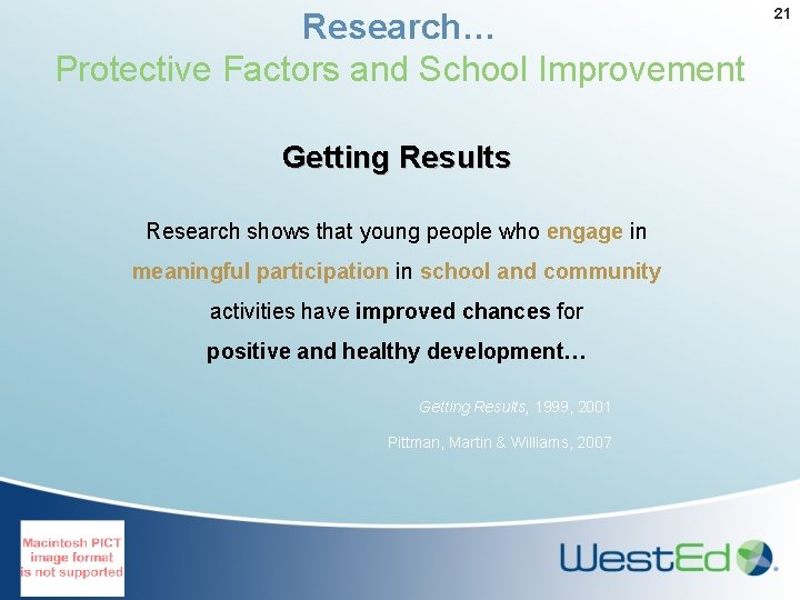 Research… Protective Factors and School Improvement Getting Results Research shows that young people who