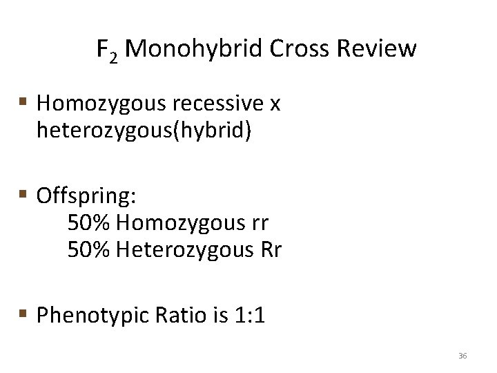 F 2 Monohybrid Cross Review § Homozygous recessive x heterozygous(hybrid) § Offspring: 50% Homozygous