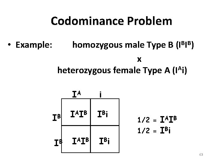Codominance Problem • Example: homozygous male Type B (IBIB) x heterozygous female Type A