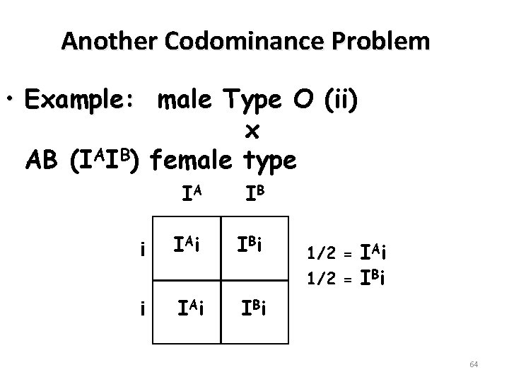 Another Codominance Problem • Example: male Type O (ii) x AB (IAIB) female type