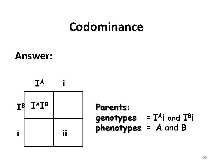 Codominance Answer: IA IB i i I AI B ii Parents: genotypes = IAi