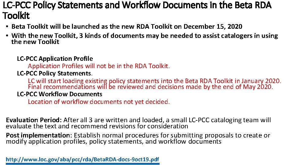 LC-PCC Policy Statements and Workflow Documents in the Beta RDA Toolkit • Beta Toolkit