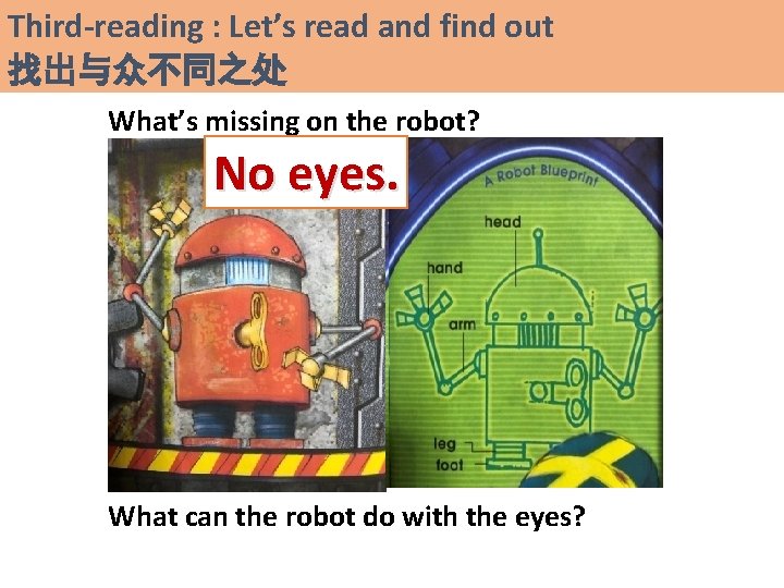 Third-reading : Let’s read and find out 找出与众不同之处 What’s missing on the robot? No