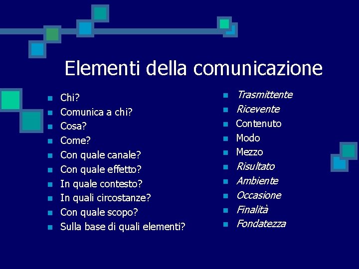 Elementi della comunicazione n n n n n Chi? Comunica a chi? Cosa? Come?