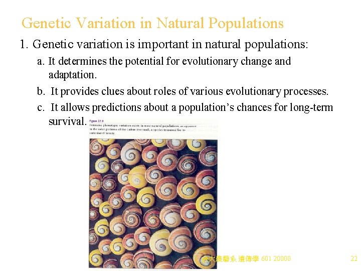 Genetic Variation in Natural Populations 1. Genetic variation is important in natural populations: a.