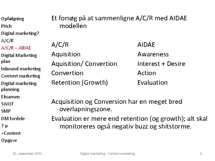 Opfølgning Pitch Digital marketing? A/C/R – AIDAE Digital Marketing plan Inbound marketing Content marketing