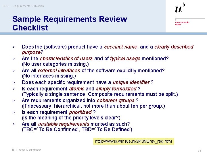 ESE — Requirements Collection Sample Requirements Review Checklist > > > > Does the