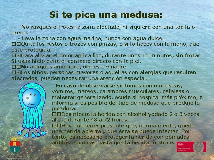 Si te pica una medusa: - No rasques o frotes la zona afectada, ni