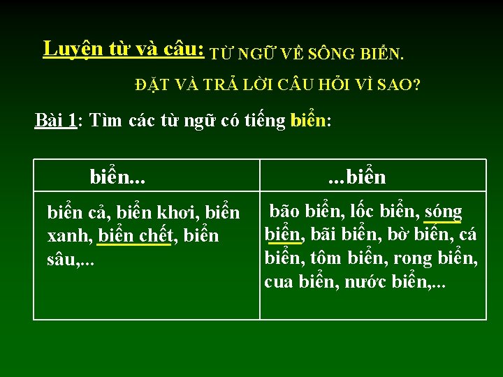 Luyện từ và câu: TỪ NGỮ VỀ SÔNG BIỂN. ĐẶT VÀ TRẢ LỜI C