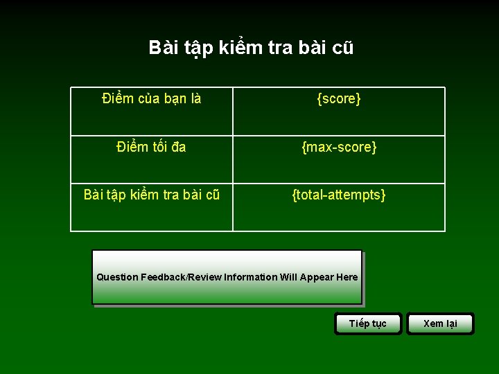 Bài tập kiểm tra bài cũ Điểm của bạn là {score} Điểm tối đa