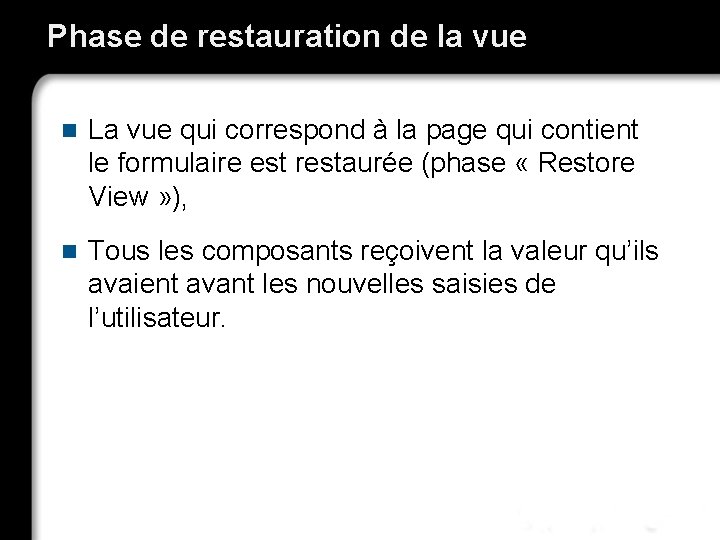 Phase de restauration de la vue n La vue qui correspond à la page