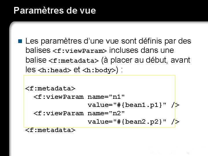 Paramètres de vue n Les paramètres d’une vue sont définis par des balises <f: