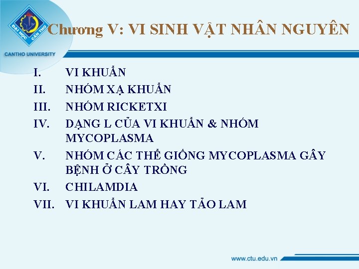 Chương V: VI SINH VẬT NH N NGUYÊN I. III. IV. VI KHUẨN NHÓM