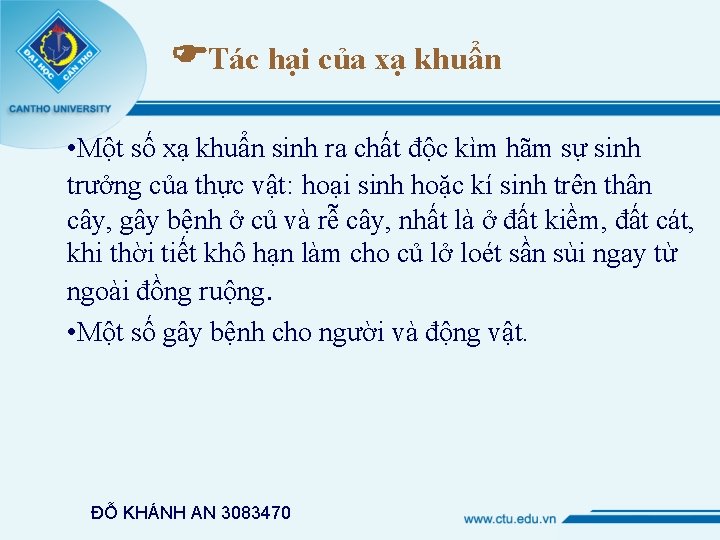  Tác hại của xạ khuẩn • Một số xạ khuẩn sinh ra chất