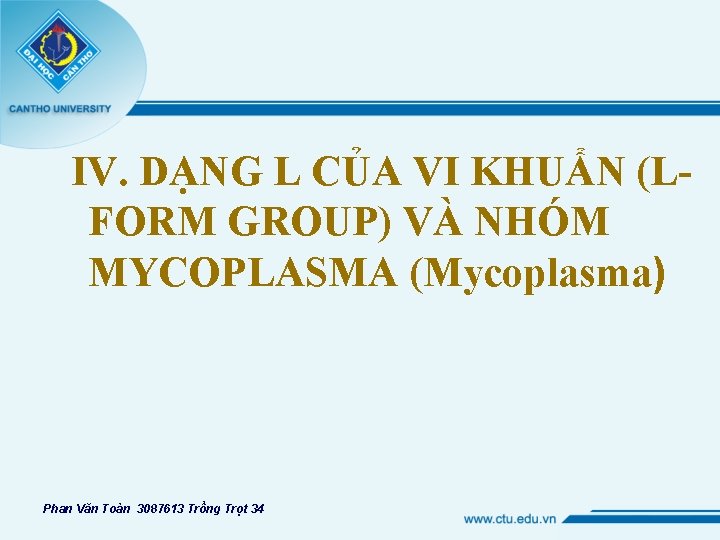 IV. DẠNG L CỦA VI KHUẨN (LFORM GROUP) VÀ NHÓM MYCOPLASMA (Mycoplasma) Phan Văn