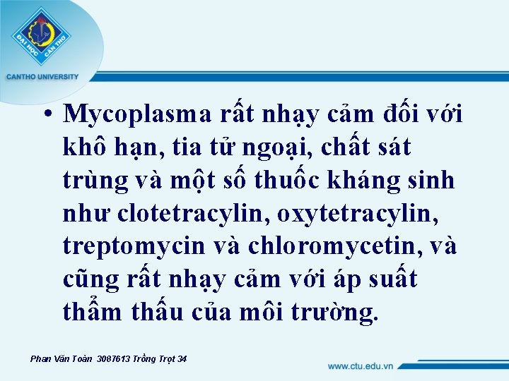  • Mycoplasma rất nhạy cảm đối với khô hạn, tia tử ngoại, chất