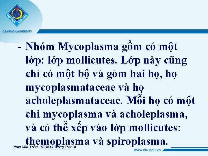 - Nhóm Mycoplasma gồm có một lớp: lớp mollicutes. Lớp này cũng chỉ có