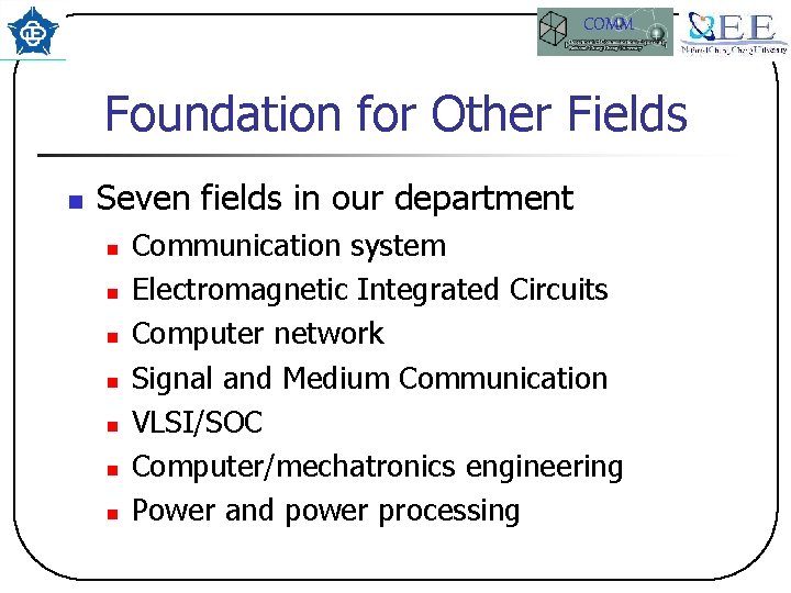 COMM Foundation for Other Fields n Seven fields in our department n n n