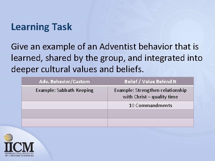 Learning Task Give an example of an Adventist behavior that is learned, shared by