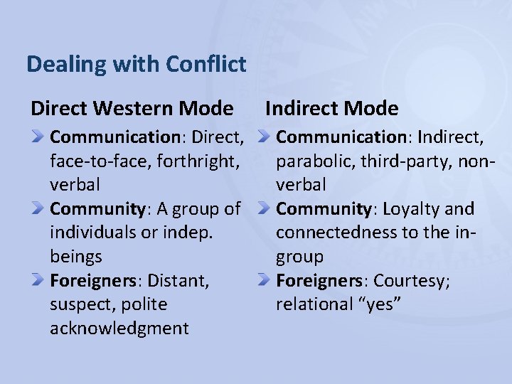 Dealing with Conflict Direct Western Mode Communication: Direct, face-to-face, forthright, verbal Community: A group