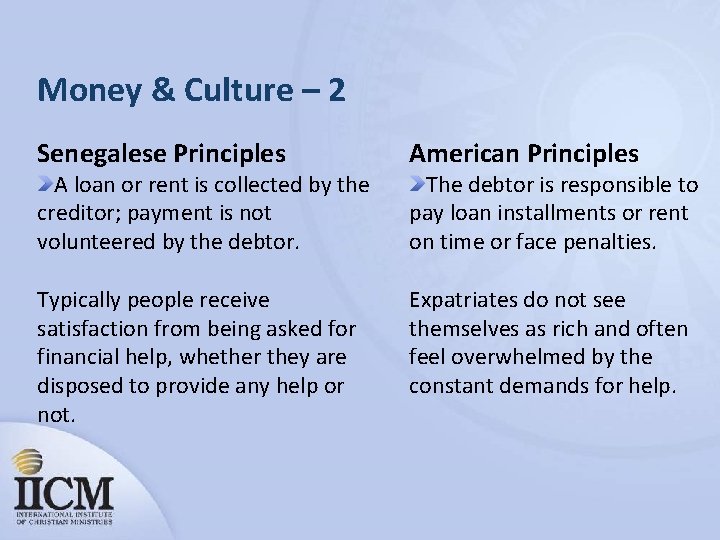 Money & Culture – 2 Senegalese Principles American Principles Typically people receive satisfaction from