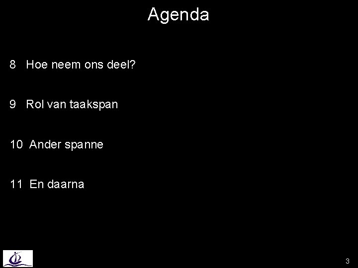 Agenda 8 Hoe neem ons deel? 9 Rol van taakspan 10 Ander spanne 11