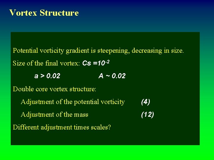 Vortex Structure Potential vorticity gradient is steepening, decreasing in size. Size of the final