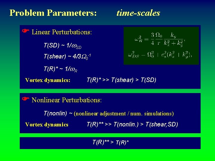 Problem Parameters: time-scales F Linear Perturbations: T(SD) ~ 1/w. SD T(shear) ~ 4/3 W
