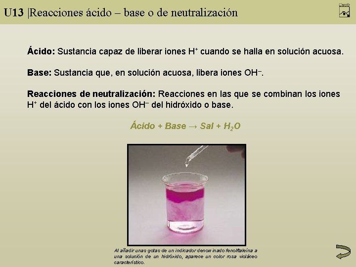 U 13 |Reacciones ácido – base o de neutralización Ácido: Sustancia capaz de liberar