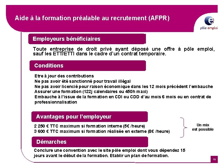 Aide à la formation préalable au recrutement (AFPR) Employeurs bénéficiaires Toute entreprise de droit