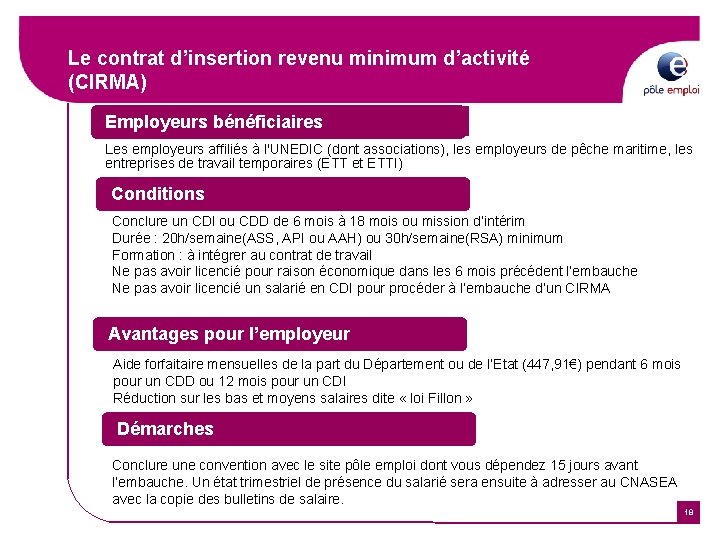 Le contrat d’insertion revenu minimum d’activité (CIRMA) Employeurs bénéficiaires Les employeurs affiliés à l'UNEDIC