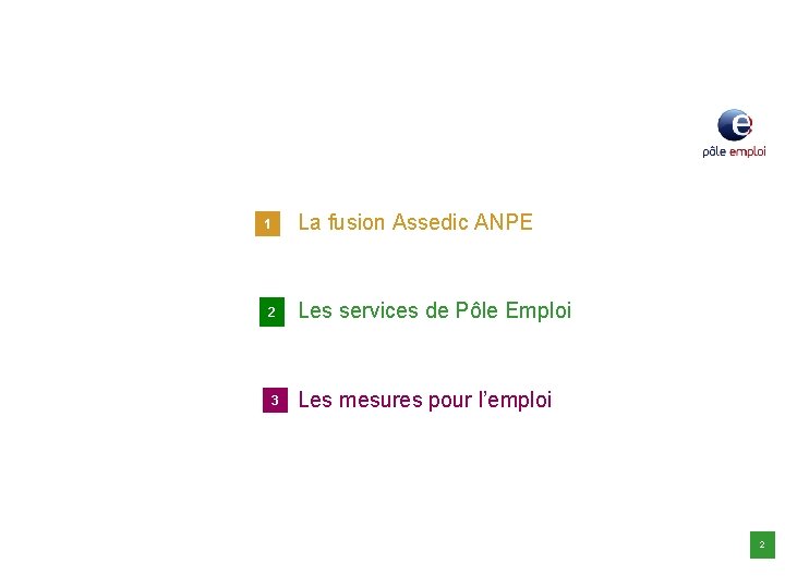 Sommaire 1 La fusion Assedic ANPE 2 Les services de Pôle Emploi 3 Les