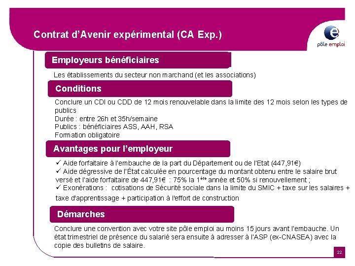 Contrat d’Avenir expérimental (CA Exp. ) Employeurs bénéficiaires Les établissements du secteur non marchand