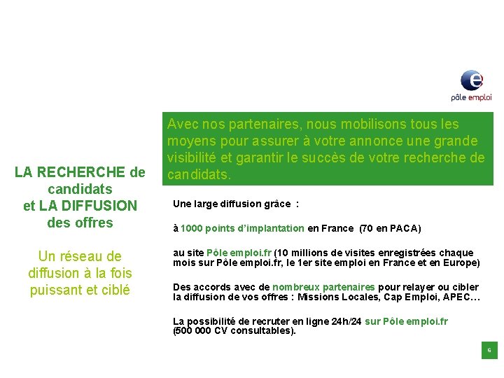 Les services de POLE EMPLOI LA RECHERCHE de candidats et LA DIFFUSION des offres