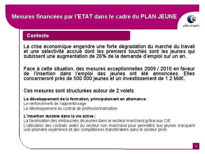 Mesures financées par l’ETAT dans le cadre du PLAN JEUNE Contexte La crise économique