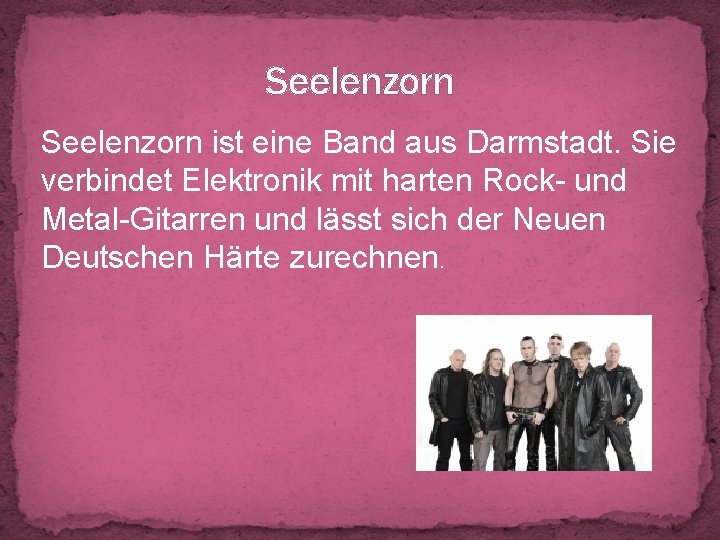 Seelenzorn ist eine Band aus Darmstadt. Sie verbindet Elektronik mit harten Rock- und Metal-Gitarren