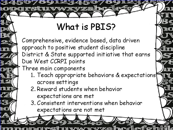 What is PBIS? Comprehensive, evidence based, data driven approach to positive student discipline District