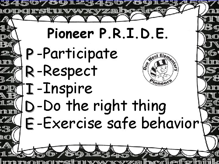 Pioneer P. R. I. D. E. P -Participate R -Respect I -Inspire D -Do