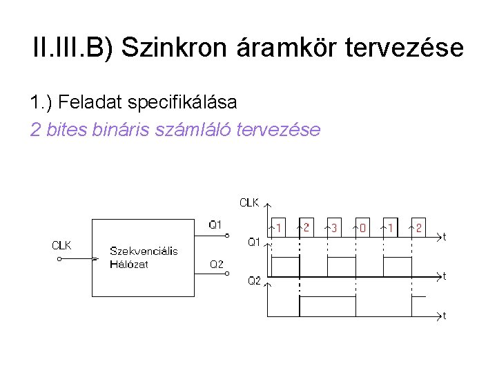 II. III. B) Szinkron áramkör tervezése 1. ) Feladat specifikálása 2 bites bináris számláló