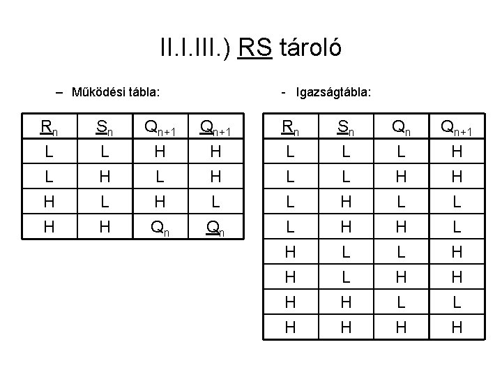 II. I. III. ) RS tároló – Működési tábla: - Igazságtábla: Rn L L