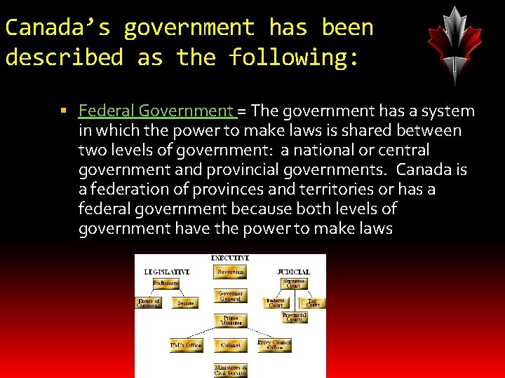 Canada’s government has been described as the following: Federal Government = The government has