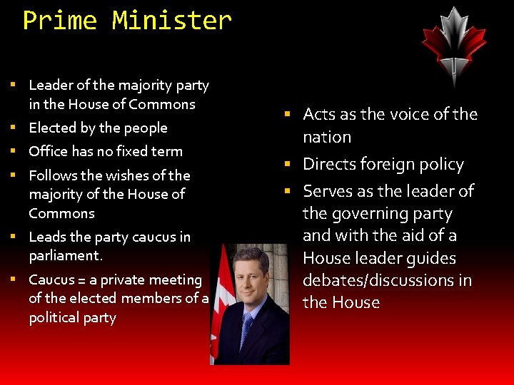 Prime Minister Leader of the majority party in the House of Commons Elected by