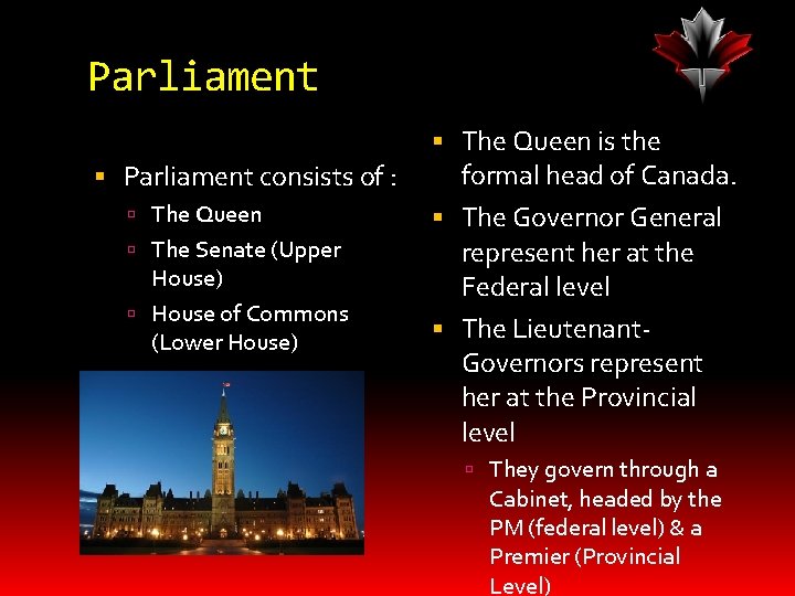 Parliament consists of : The Queen The Senate (Upper House) House of Commons (Lower
