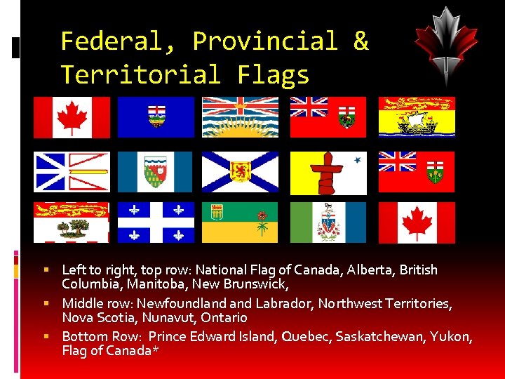 Federal, Provincial & Territorial Flags Left to right, top row: National Flag of Canada,