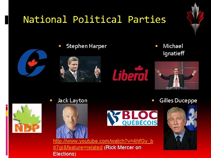 National Political Parties Stephen Harper Jack Layton Michael Ignatieff Gilles Duceppe http: //www. youtube.