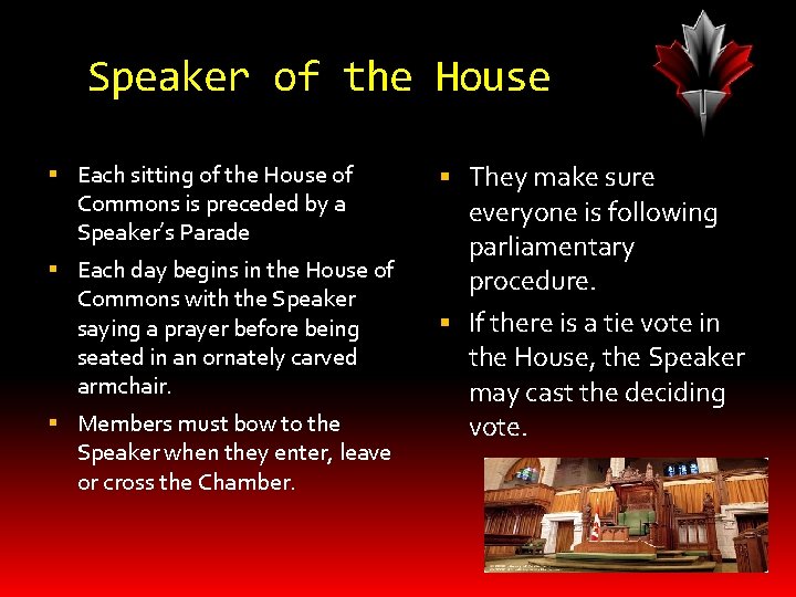 Speaker of the House Each sitting of the House of Commons is preceded by