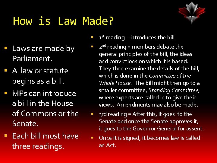 How is Law Made? 1 st reading = introduces the bill Laws are made