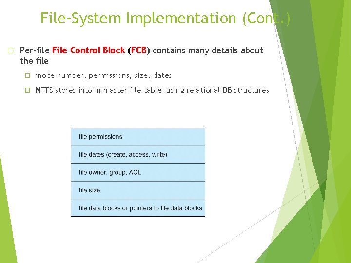 File-System Implementation (Cont. ) � Per-file File Control Block (FCB) contains many details about
