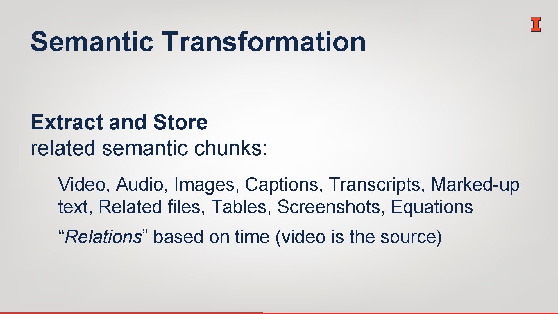 Semantic Transformation Extract and Store related semantic chunks: Video, Audio, Images, Captions, Transcripts, Marked-up